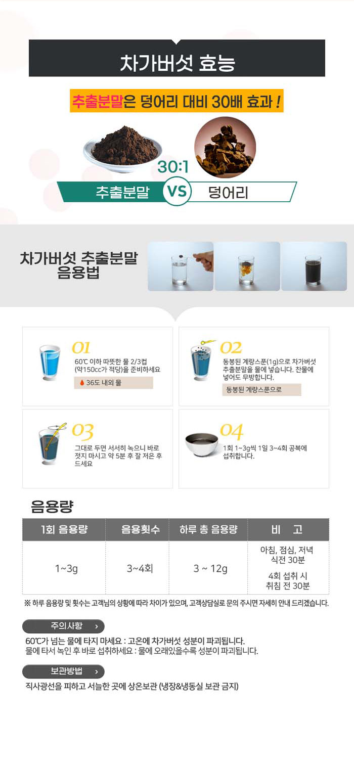 차가버섯 추출분말과 덩어리의 차이 및 하루 음용법과 권장 음용량